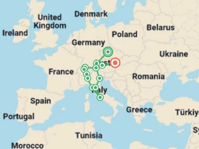 Map of Europe Tour with 9 destination visits for the trip: Central Europe