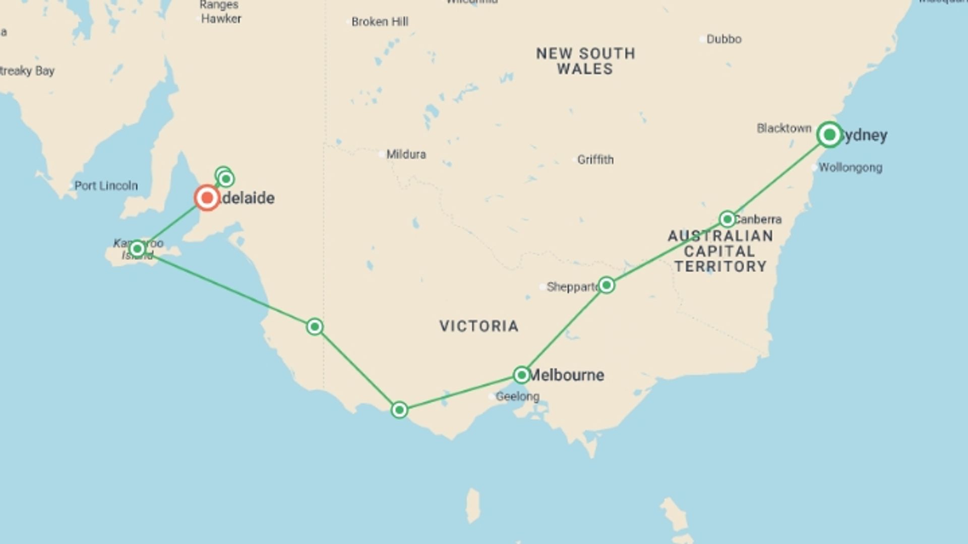 A map showing the tour itinerary for the trip: Tastes of Southern Australia, starting in Sydney and NSW, Australia and ending in Adelaide, Australia going through 8 other destinations.