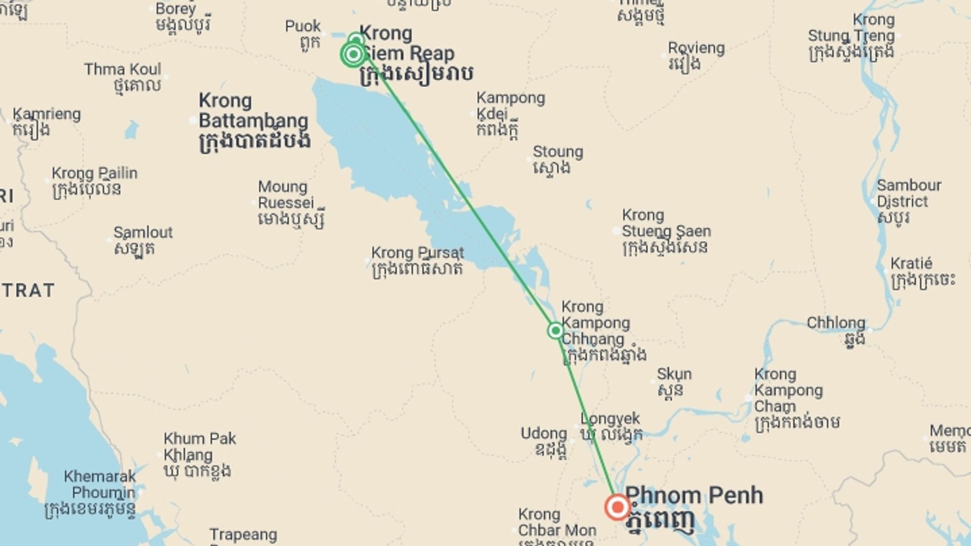 A map showing the tour itinerary for the trip: Upgraded - Highlights of Cambodia, starting in Siem Reap, Cambodia and ending in Phnom Penh, Cambodia going through 2 other destinations.