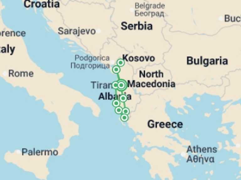 Map itinerary of Europe Tour in Summer with 6 destination visits for the trip: Highlights of Albania - 8 days