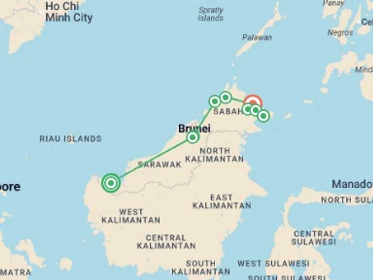 Map itinerary of Asia Tour in May 2027 with 11 destination visits for the trip: Borneo Sarawak and Sabah Discovery