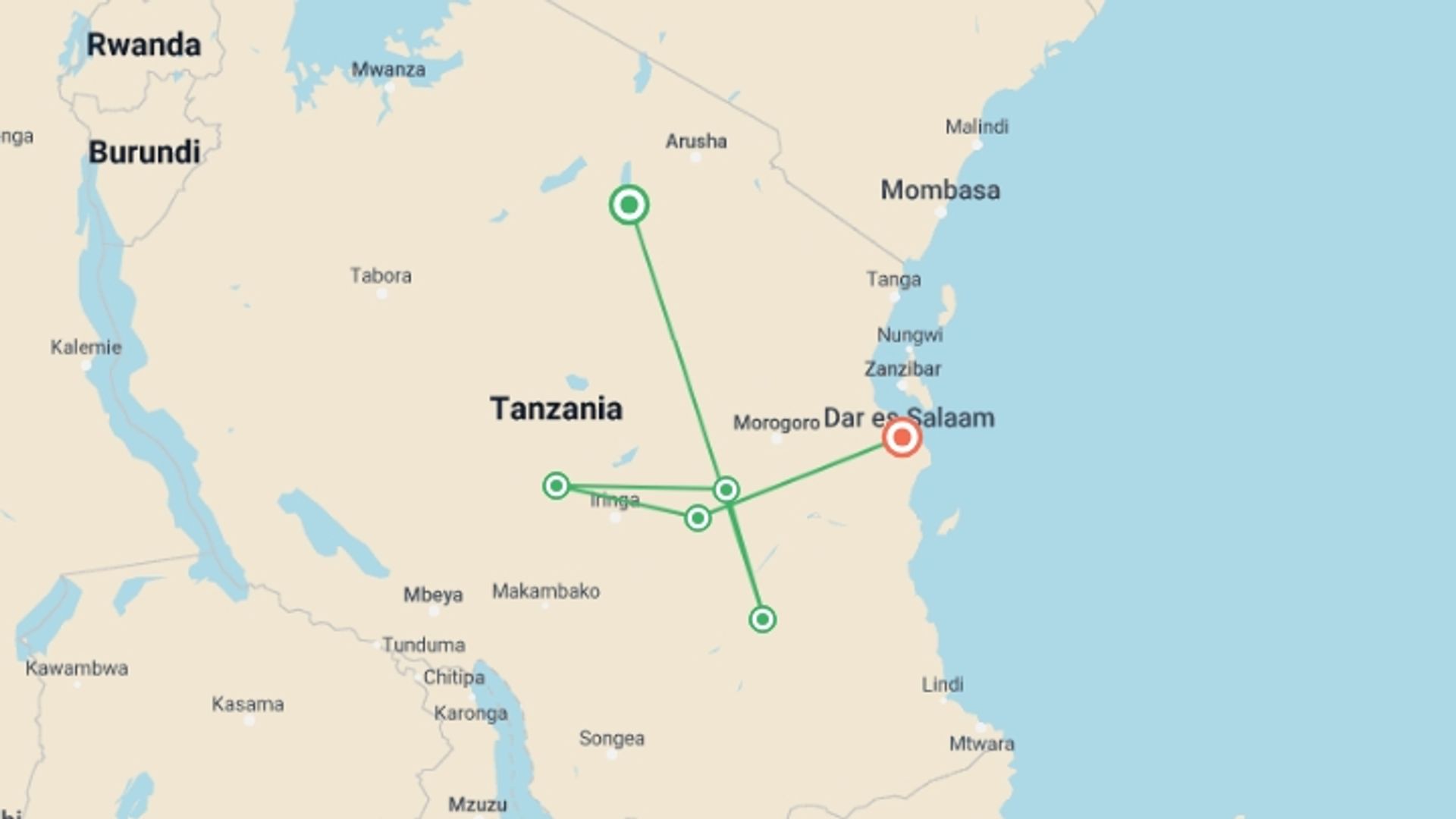 A map showing the tour itinerary for the trip: 11 Days Hidden Safari Treasures of Africa, starting in Tanzania Safari Parks, Tanzania and ending in Dar Es Salaam, Tanzania going through 4 other destinations.