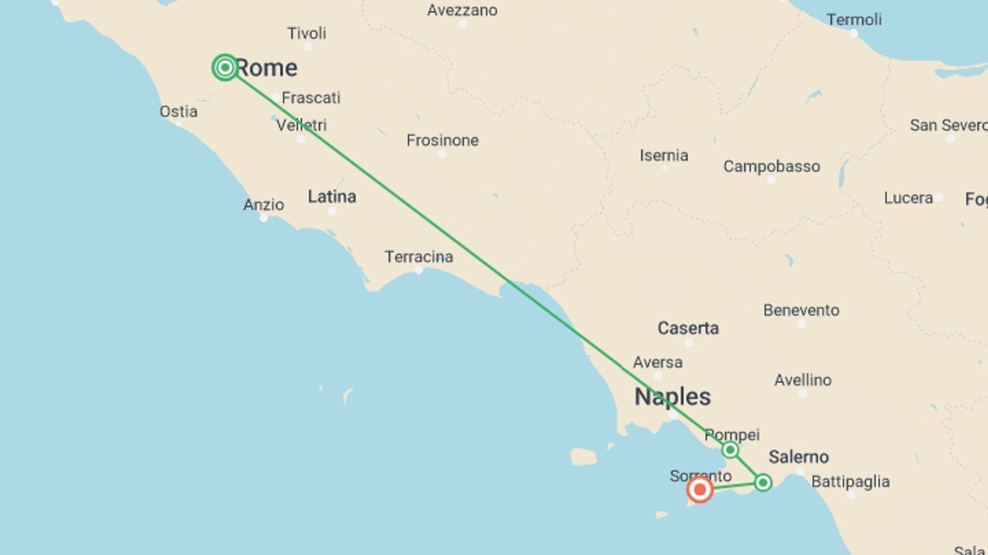 A map showing the tour itinerary for the trip: Italy Family Holiday, starting in Rome, Italy and ending in Sorrento, Italy going through 3 other destinations.