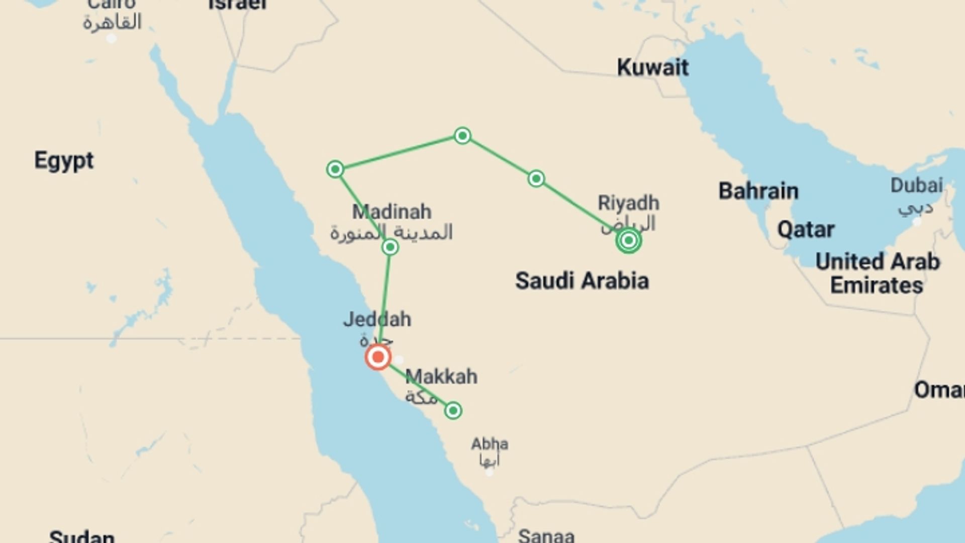 A map showing the tour itinerary for the trip: Saudi Arabia Explorer, starting in Riyadh, Saudi Arabia and ending in Jeddah, Saudi Arabia going through 5 other destinations.