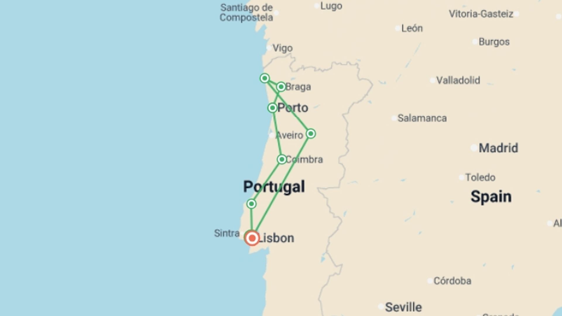 A map showing the tour itinerary for the trip: Best of the Portuguese Camino Guided Walk, starting in Lisbon, Portugal and ending in Santiago, Portugal going through 7 other destinations.