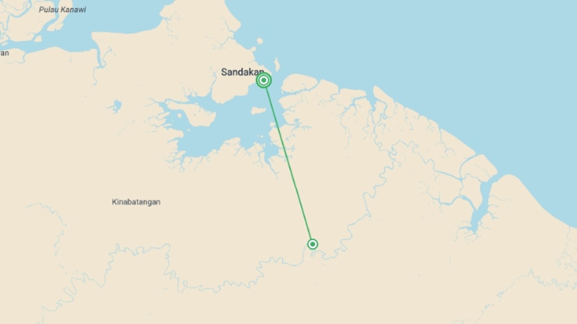 A map showing the tour itinerary for the trip: Sandakan Orangutan Experience 4D/3N, starting in Sandakan, Malaysia and ending in Sandakan, Malaysia going through 1 other destinations.