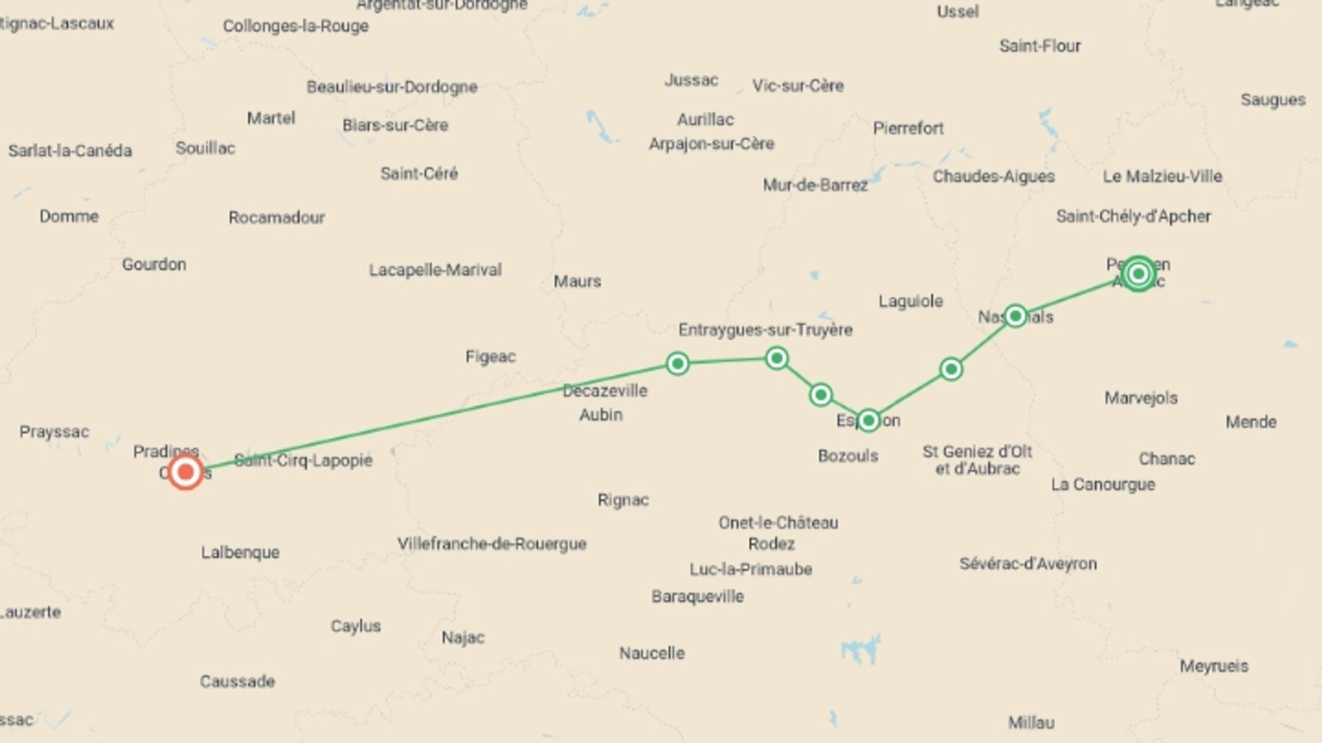 A map showing the tour itinerary for the trip: Le Puy Camino - Aumont to Conques, starting in Aumont-Aubrac, France and ending in Cahors, France going through 7 other destinations.
