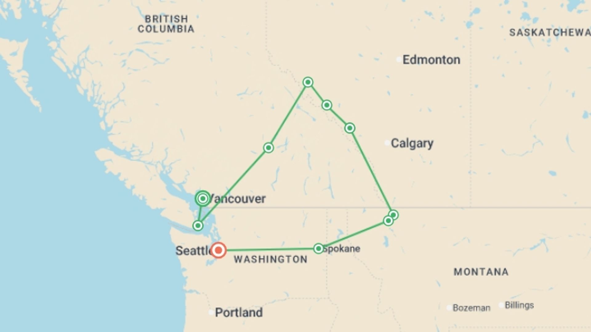 A map showing the tour itinerary for the trip: Canadian Rockies and Pacific Coast, starting in Vancouver, Canada and ending in Seattle, USA going through 8 other destinations.