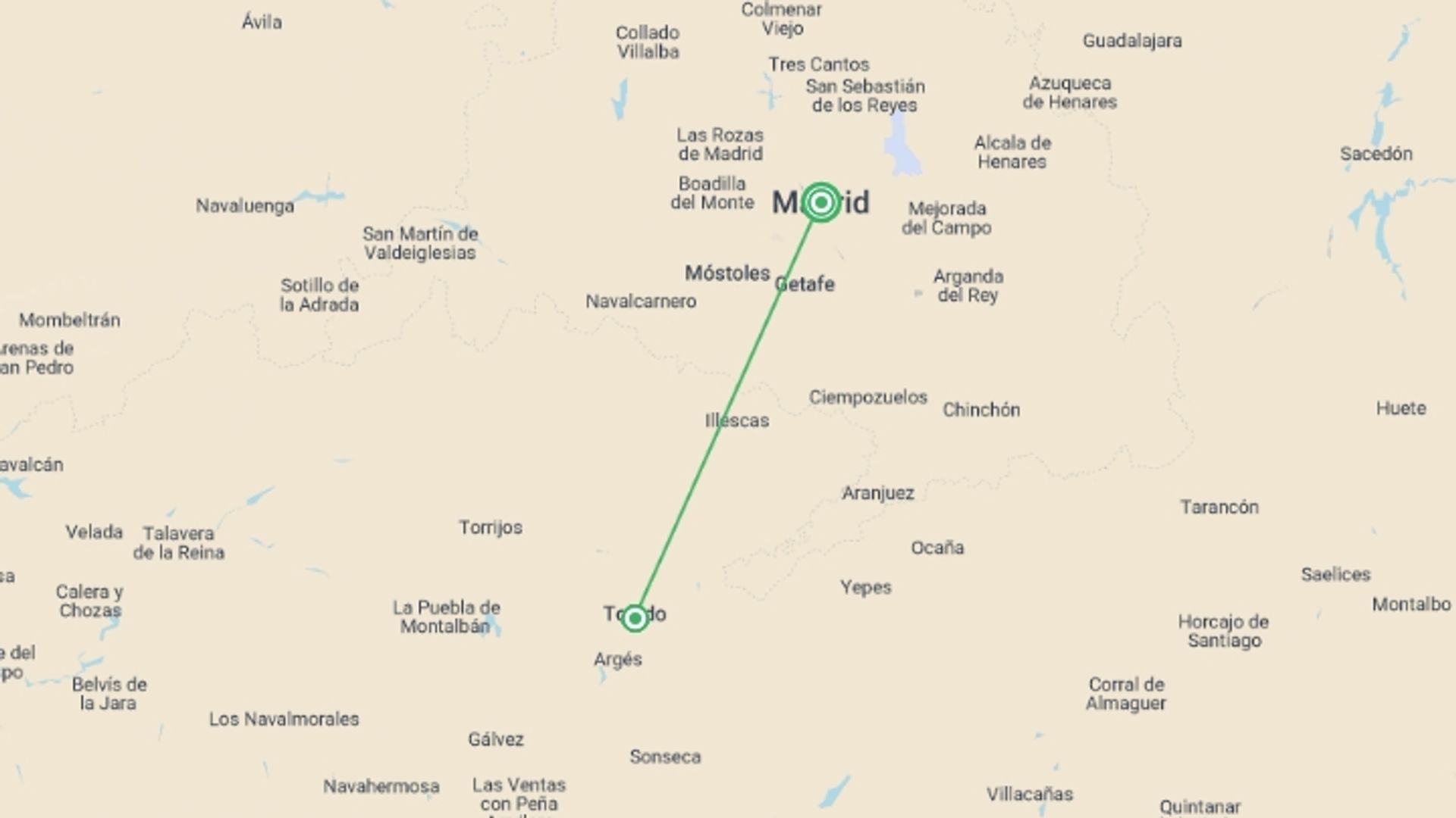 A map showing the tour itinerary for the trip: Toledo Day Trip From Madrid Including Zip-line Ticket, starting in Madrid, Spain and ending in Madrid, Spain going through 2 other destinations.