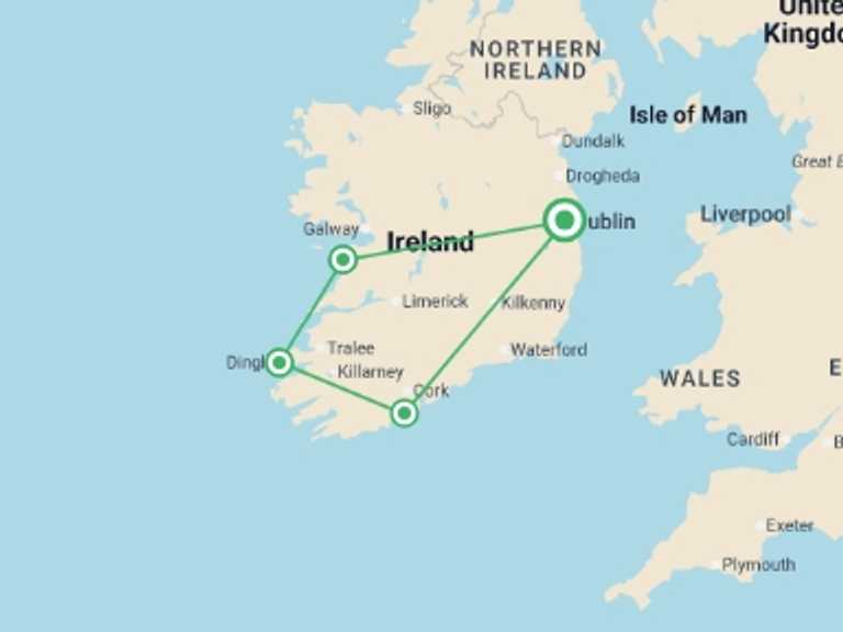 Map itinerary of Europe Tour in May 2026 with 4 destination visits for the trip: Super South Ireland - 5 days