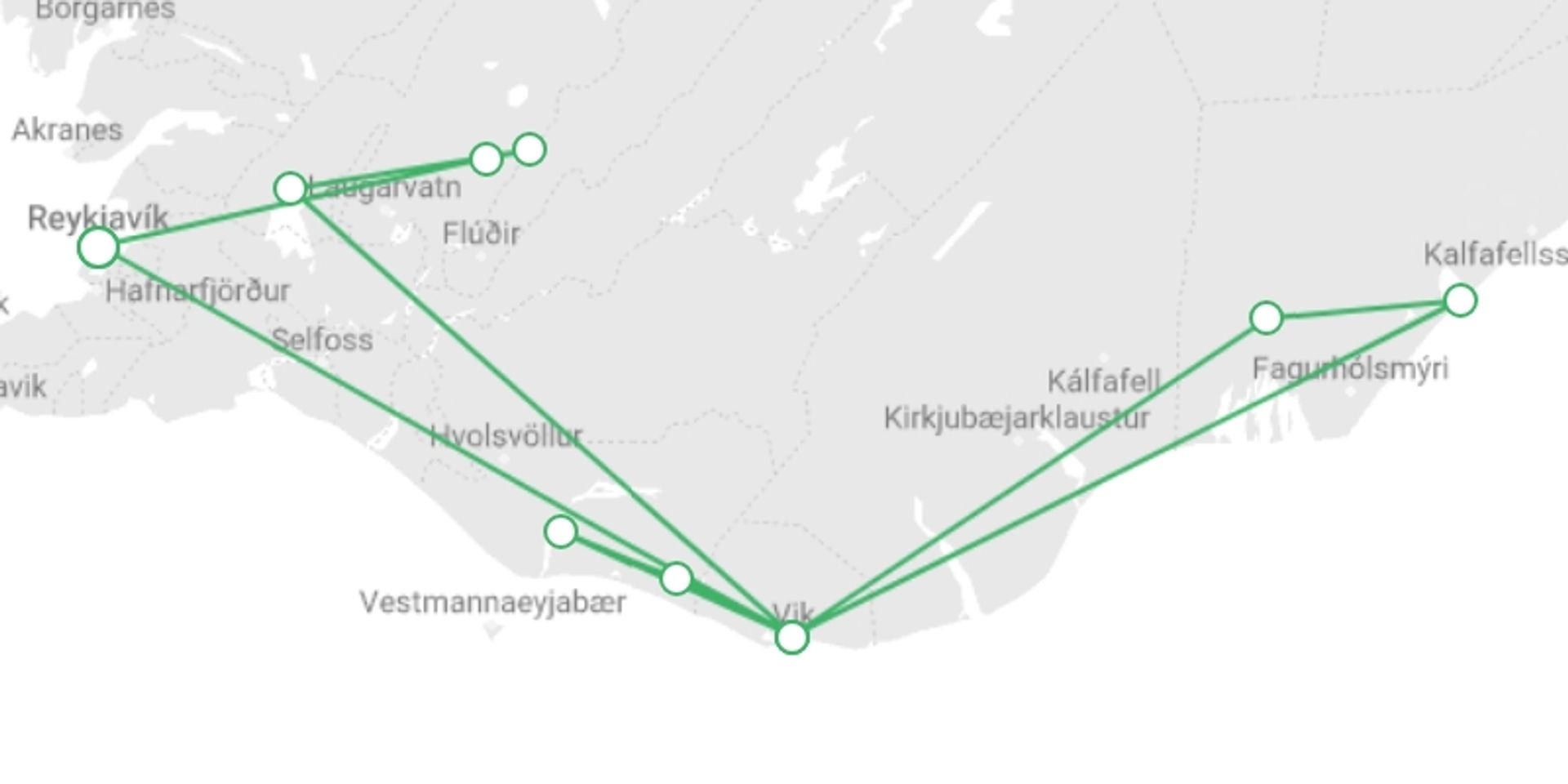 A map showing the tour itinerary for the trip: Discover The Magical Northern Lights , starting in Reykjavik, Iceland and ending in Reykjavik, Iceland going through 1 other destinations.