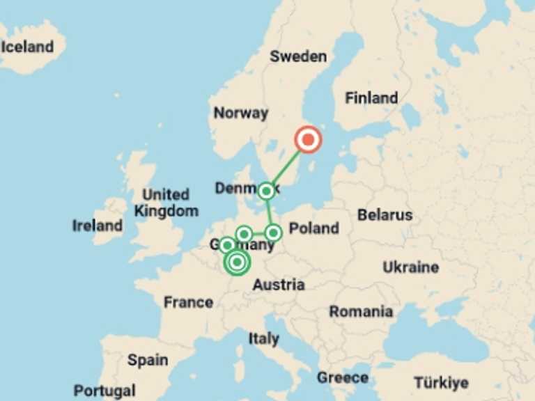 Map of Europe Beach Tour with 6 destination visits for the trip: German Trek End Stockholm