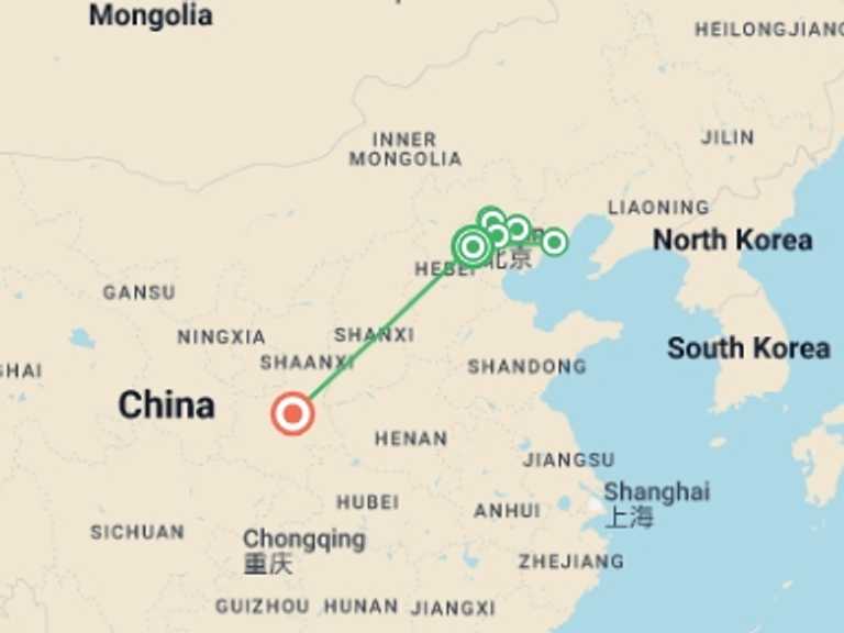 Map of China Tour with 8 destination visits for the trip: Walk the Great Wall + Xian Extension