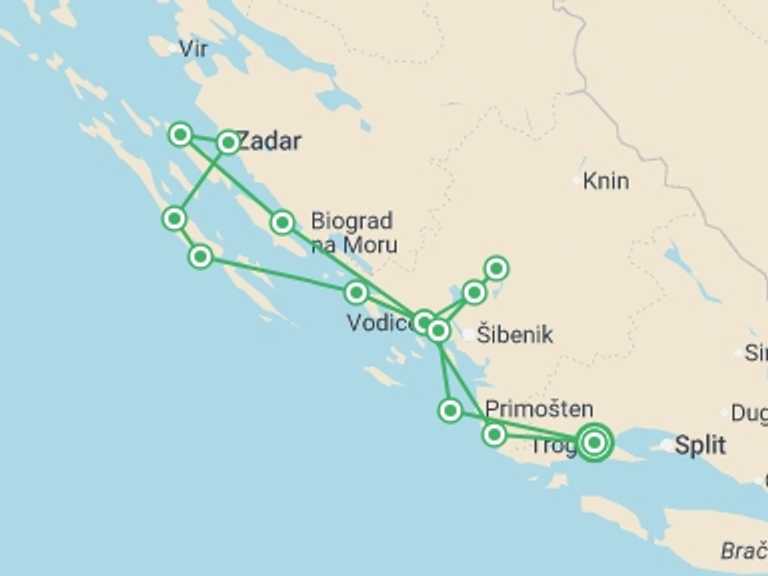 Map itinerary of Trogir Tour in October 2026 with 7 destination visits for the trip: North Dalmatia Bike & Boat - Deluxe