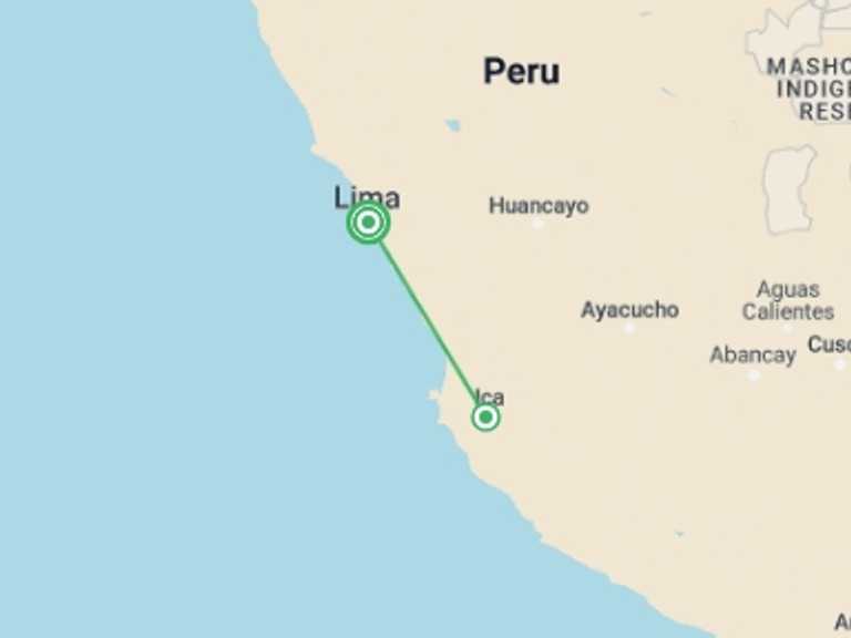 Map itinerary of Lima Tour in March 2027 with 2 destination visits for the trip: The Peruvian Coast: Seafood, Sandboarding & Dune Buggies