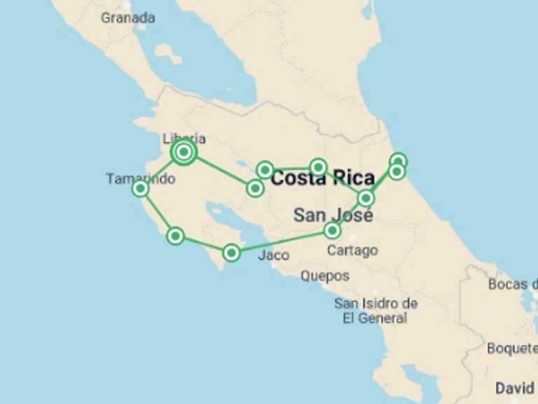 Map of 15-Day San Jose Tour with 10 destination visits for the trip: Beaches And Nature With Tambor