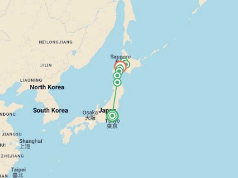 Map itinerary of Tokyo Tour in August 2027 with 8 destination visits for the trip: Northern Japan & Hokkaido Adventure