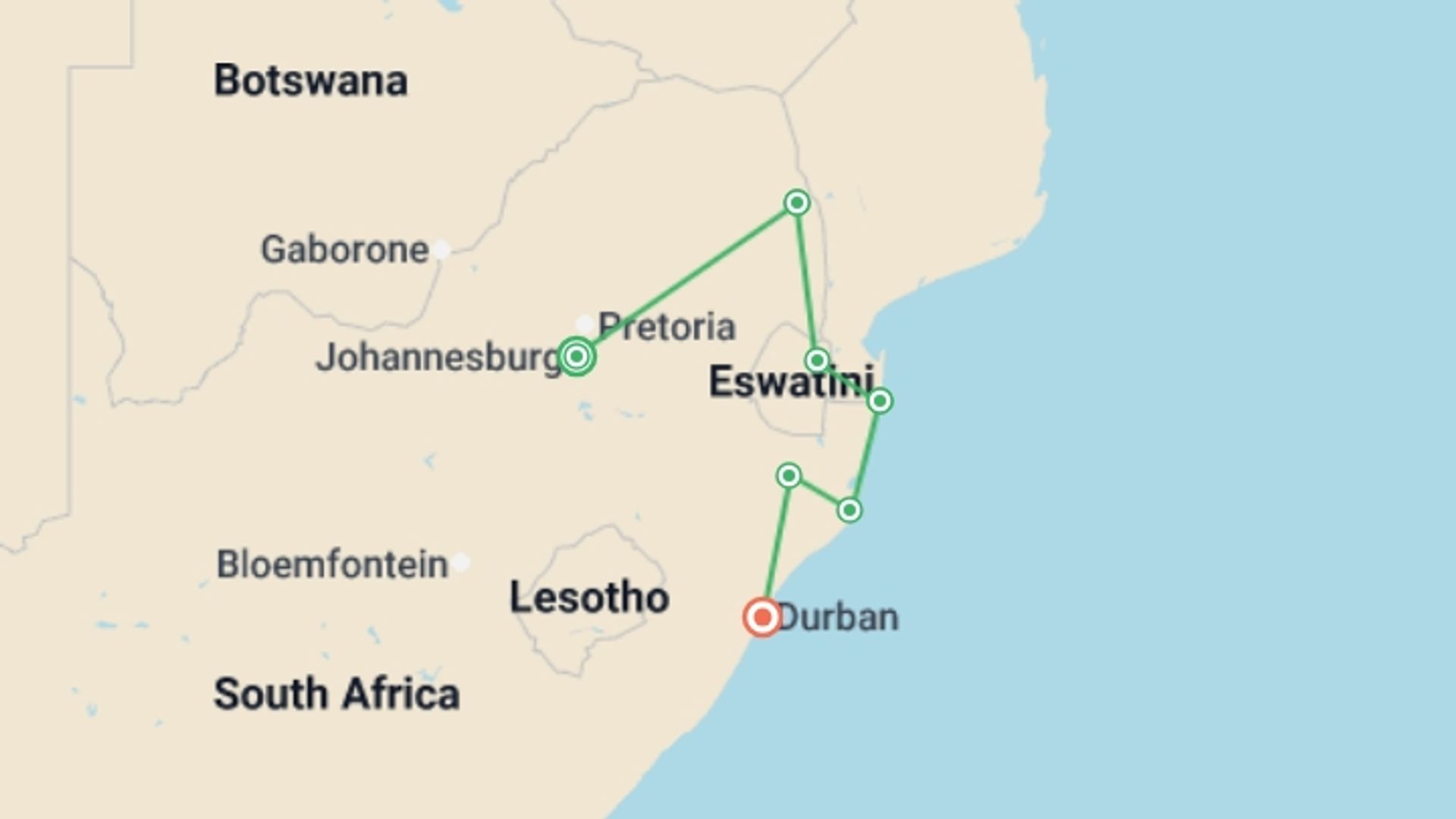 A map showing the tour itinerary for the trip: Kruger & Coast, starting in Johannesburg, South Africa and ending in Durban, South Africa going through 5 other destinations.