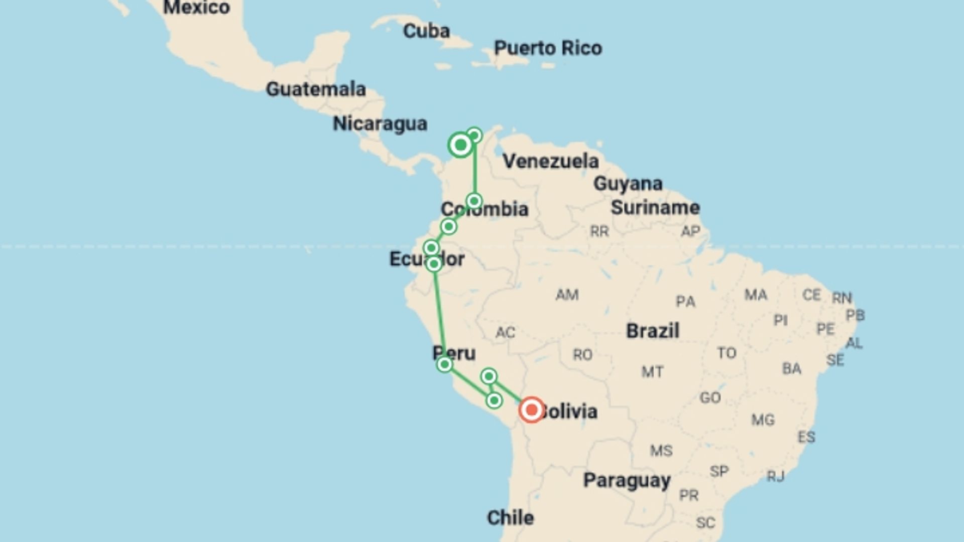 A map showing the tour itinerary for the trip: Cartagena To La Paz (58 Days) Bananas & Llamas, starting in Cartagena, Colombia and ending in La Paz, Bolivia going through 8 other destinations.