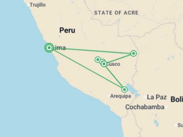 Map itinerary of South America Tour in November 2026 with 5 destination visits for the trip: Wonders of Peru - 13 Days