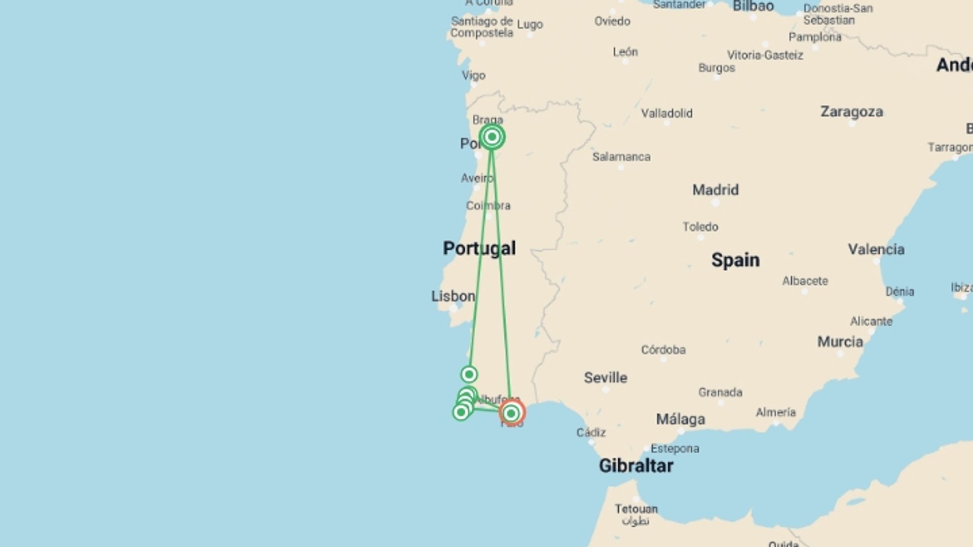 A map showing the tour itinerary for the trip: Rota Vicentina: to the Algarve, starting in Alentejo, Portugal and ending in Faro, Portugal going through 4 other destinations.