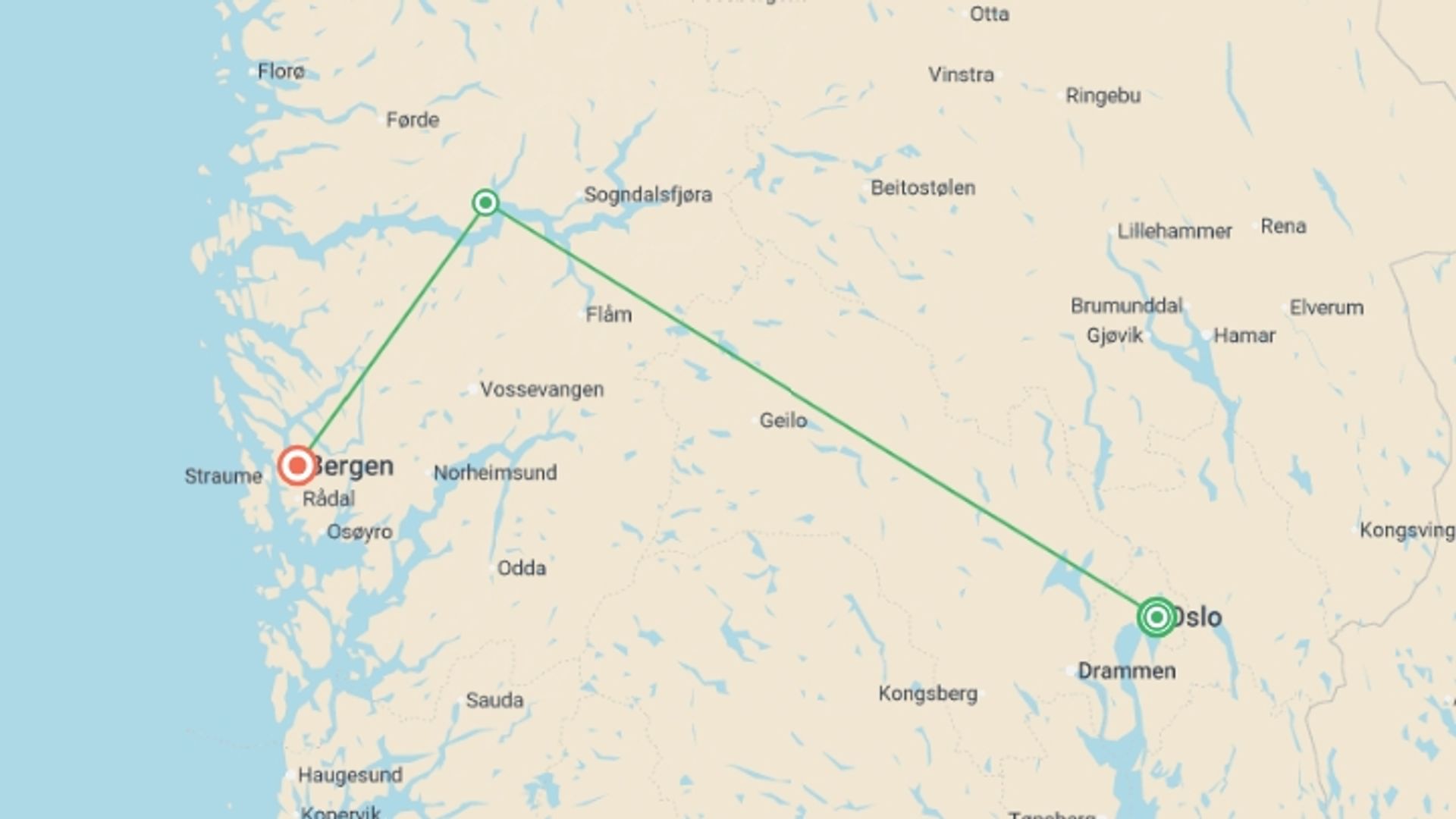 A map showing the tour itinerary for the trip: Oslo to Bergen (3 Star) - 7 days, starting in Oslo, Norway and ending in Bergen, Norway going through 1 other destinations.