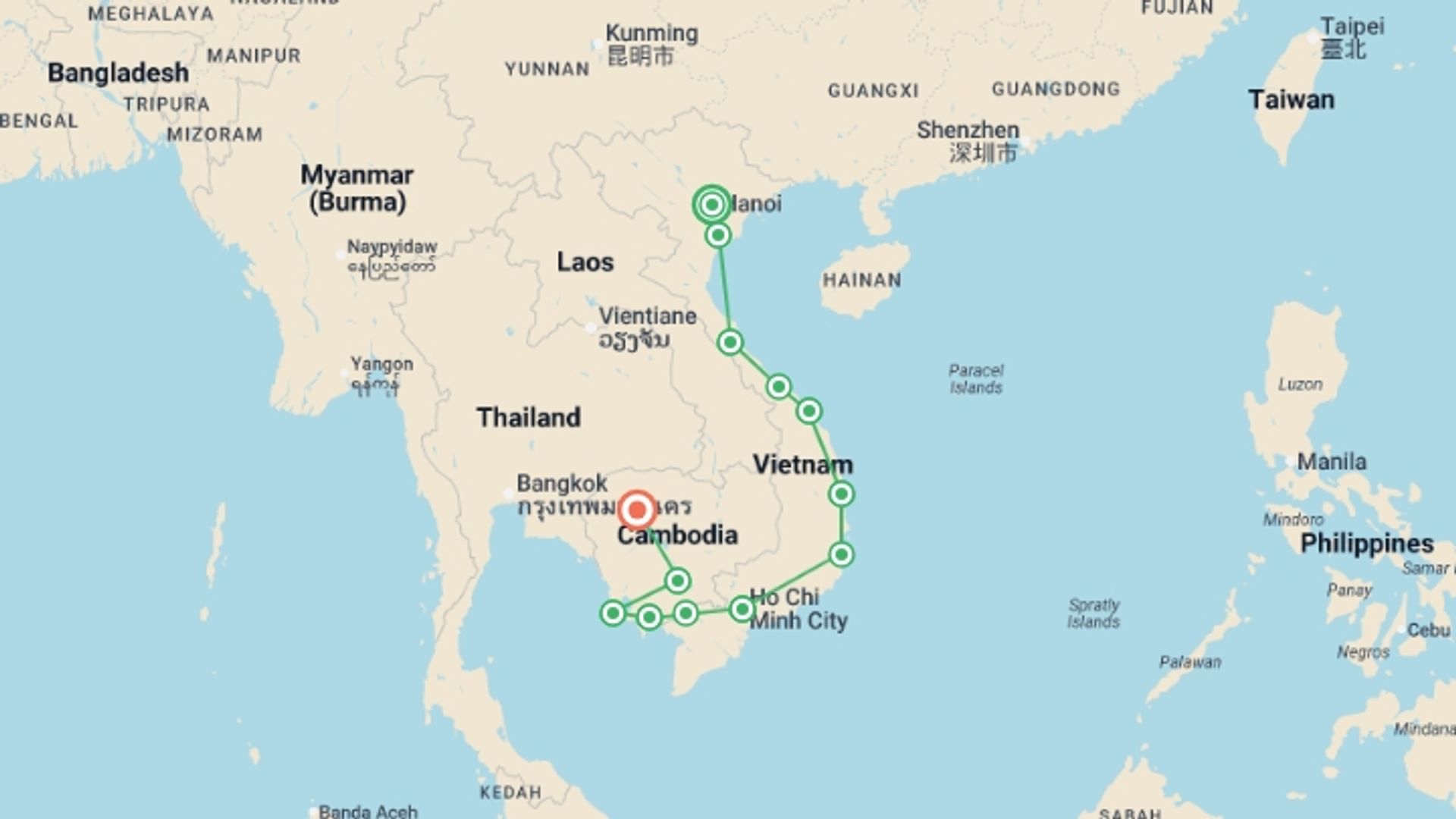 A map showing the tour itinerary for the trip: Epic Southeast Asia: Hanoi to Siem Reap Highlights, starting in Hanoi, Vietnam and ending in Siem Reap, Cambodia going through 11 other destinations.