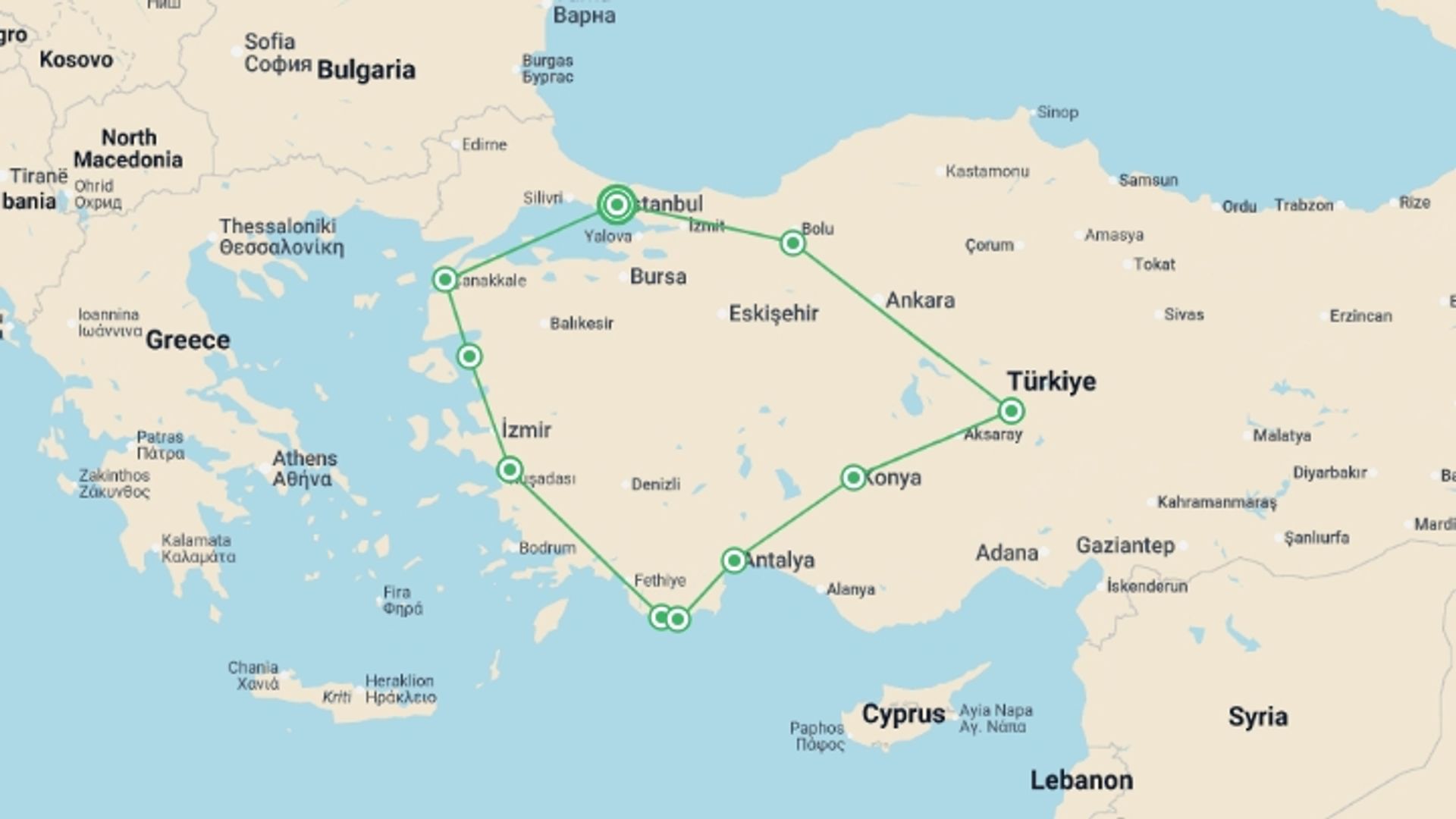 A map showing the tour itinerary for the trip: Absolute Turkey, starting in Istanbul, Turkey and ending in Istanbul, Turkey going through 9 other destinations.