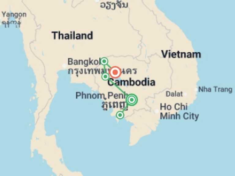 Map itinerary of Angkor Wat Tour in December 2025 with 6 destination visits for the trip: Cambodia Real Food Adventure