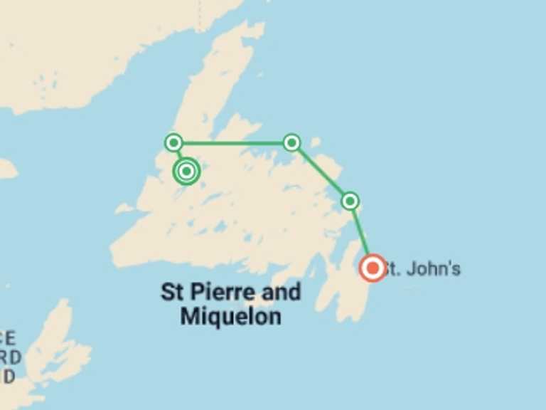 Map of 8-Day Canada Tour with 5 destination visits for the trip: Newfoundland Adventure: From Deer Lake to St. John's