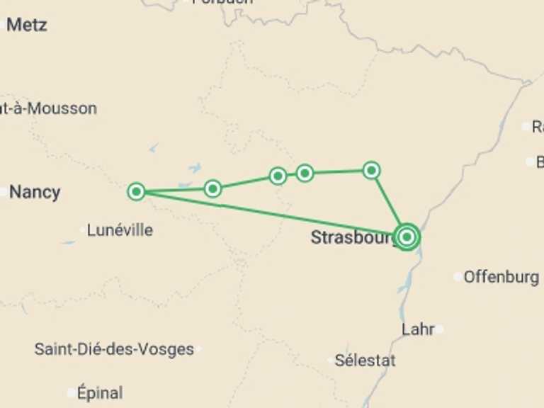 Map itinerary of Europe Tour in April 2027 with 6 destination visits for the trip: A Charming Cruise through Alsace and Lorraine along the Marne-Rhine Canal (port-to-port cruise)