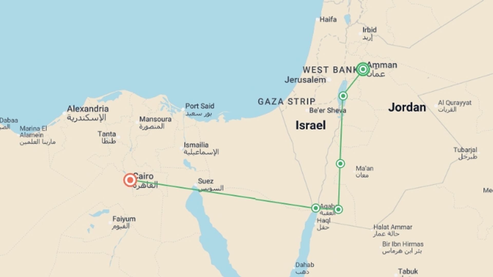 A map showing the tour itinerary for the trip: Lights of Jordan and Cairo, starting in Amman, Jordan and ending in Cairo, Egypt going through 4 other destinations.