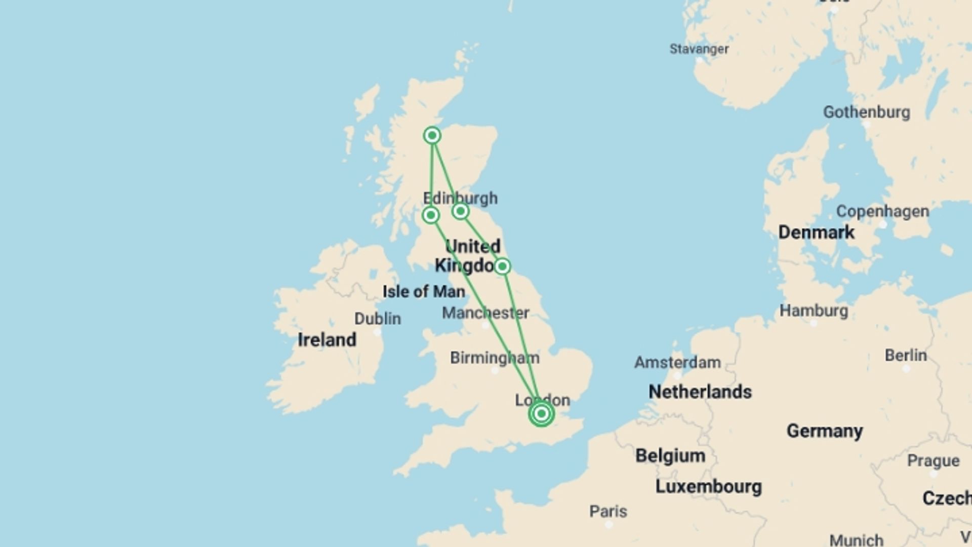 A map showing the tour itinerary for the trip: London and Highlights of Scotland, starting in London, England and ending in London, England going through 5 other destinations.