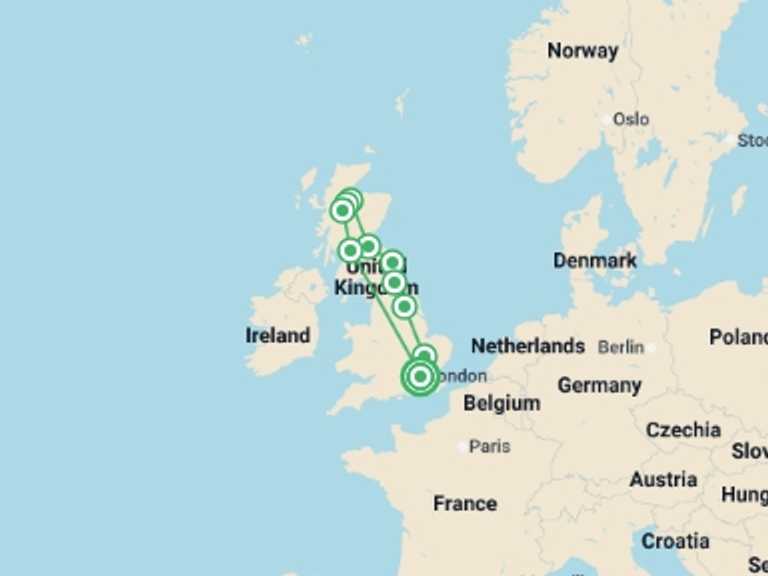 Map itinerary of Europe Tour in May 2026 with 4 destination visits for the trip: Roaming the United Kingdom