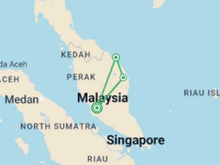Map itinerary of South East Asia Tour in October 2026 with 3 destination visits for the trip: Kuala Lumpur & Beach - 13 days