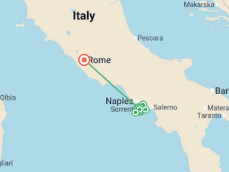 Map itinerary of Italy Tour in July 2026 with 2 destination visits for the trip: Flavors Of Sorrento And Rome, Semi-private Tour