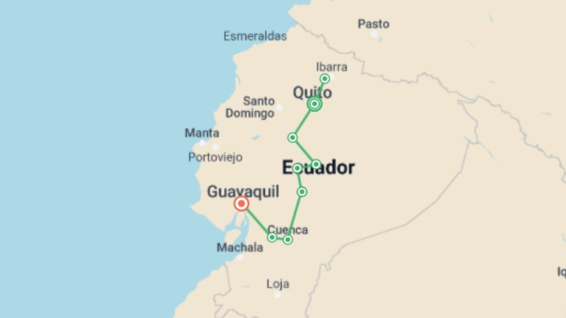 A map showing the tour itinerary for the trip: 12 Days Exploring Ecuador: From the Andes to the Coast, starting in Quito, Ecuador and ending in Guayaquil, Ecuador going through 7 other destinations.