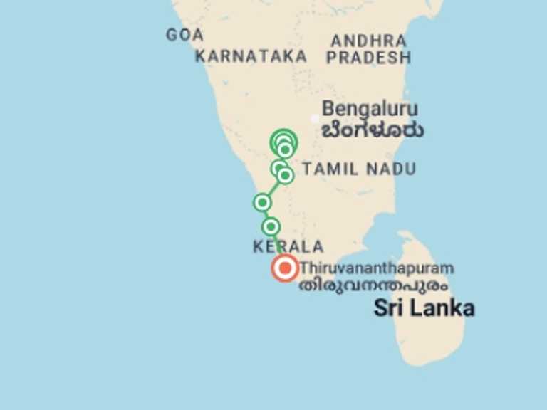 Map itinerary of Varkala Tour in February 2027 with 7 destination visits for the trip: Cycle Kerala & Tropical India