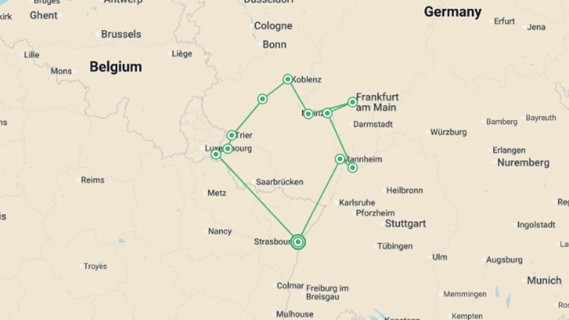A map showing the tour itinerary for the trip: 5 Different Rivers: The Rhine, Neckar, Main, Moselle, and Saar, starting in Strasbourg, France and ending in Strasbourg, France going through 7 other destinations.