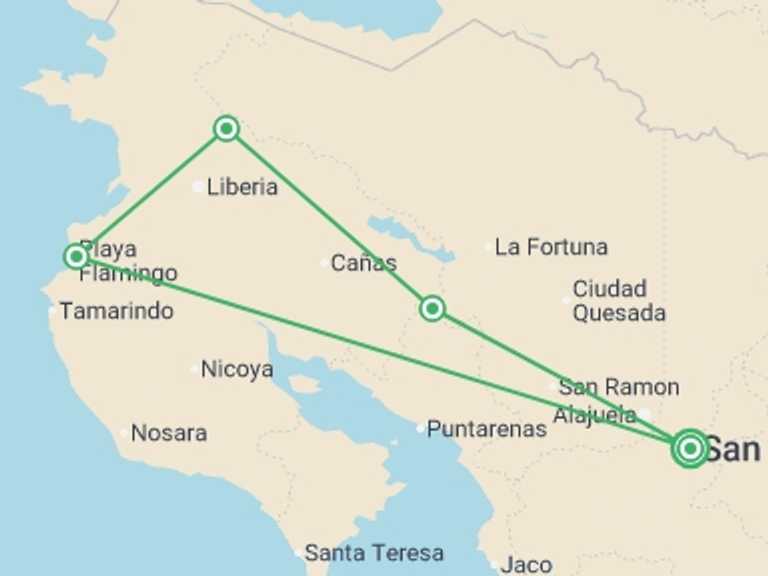 Map of Costa Rica Tour with 4 destination visits for the trip: Costa Rica Family Journey: From Rainforest to Coast