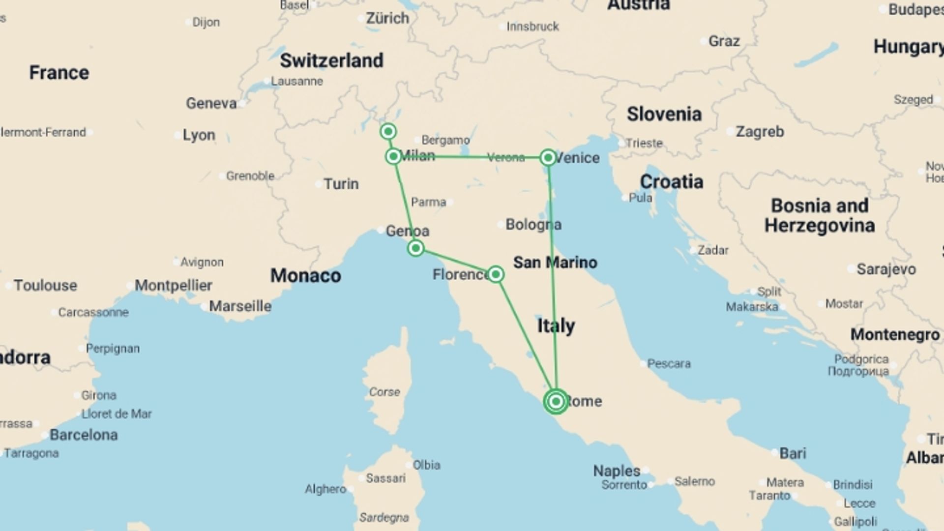 A map showing the tour itinerary for the trip: Italian Espresso, starting in Rome, Italy and ending in Rome, Italy going through 4 other destinations.
