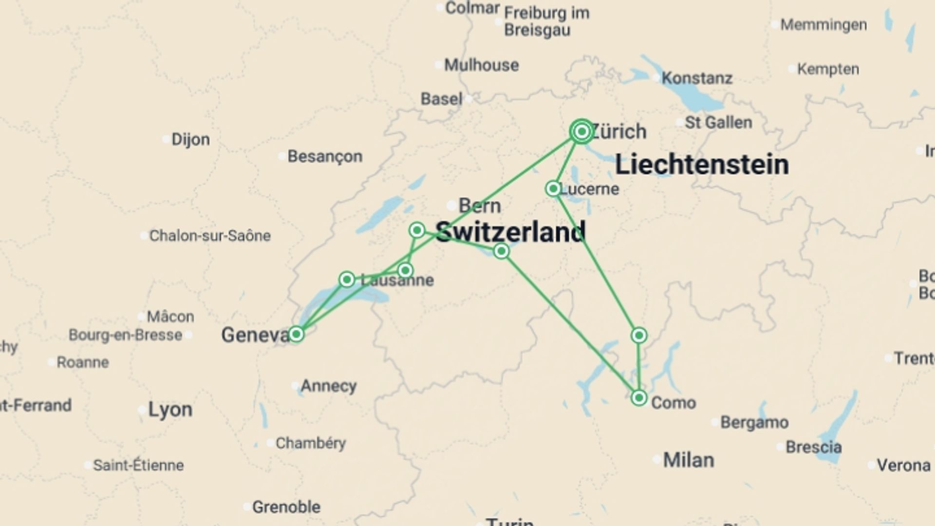 A map showing the tour itinerary for the trip: Swiss Capitals, starting in Zurich, Switzerland and ending in Zurich, Switzerland going through 3 other destinations.