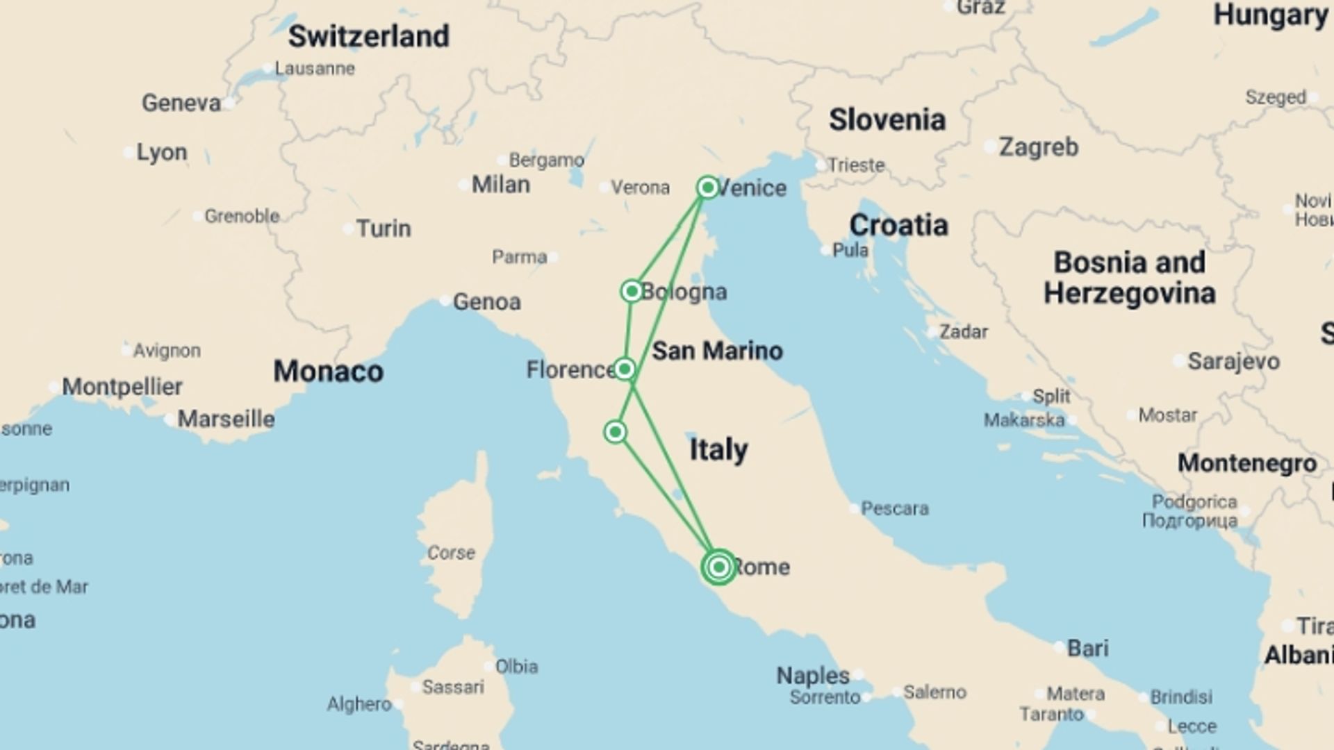 A map showing the tour itinerary for the trip: Italian Expresso - 5 days, starting in Rome, Italy and ending in Rome, Italy going through 4 other destinations.