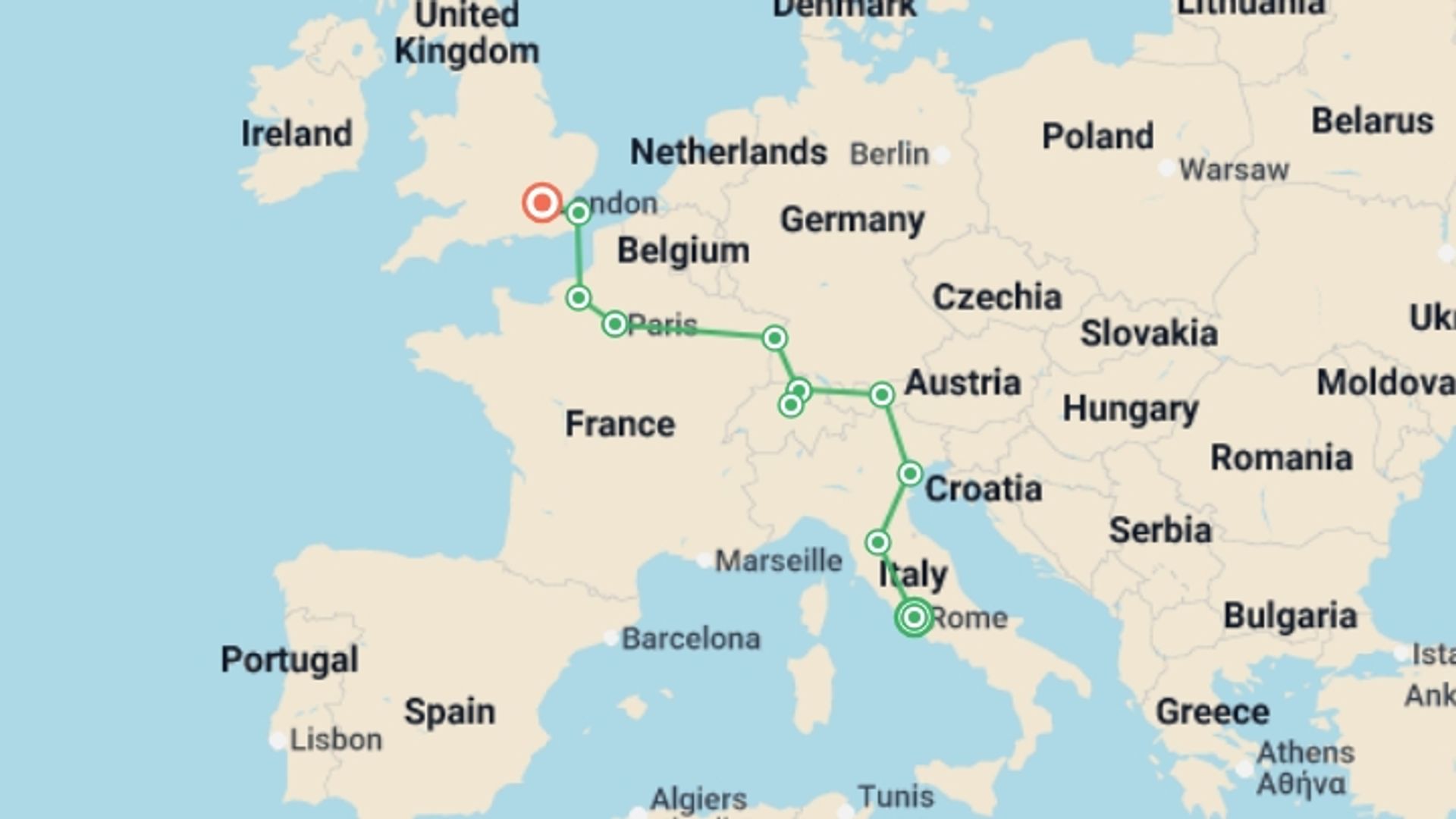 A map showing the tour itinerary for the trip: Genuine Europe, starting in Rome, Italy and ending in London, England going through 5 other destinations.