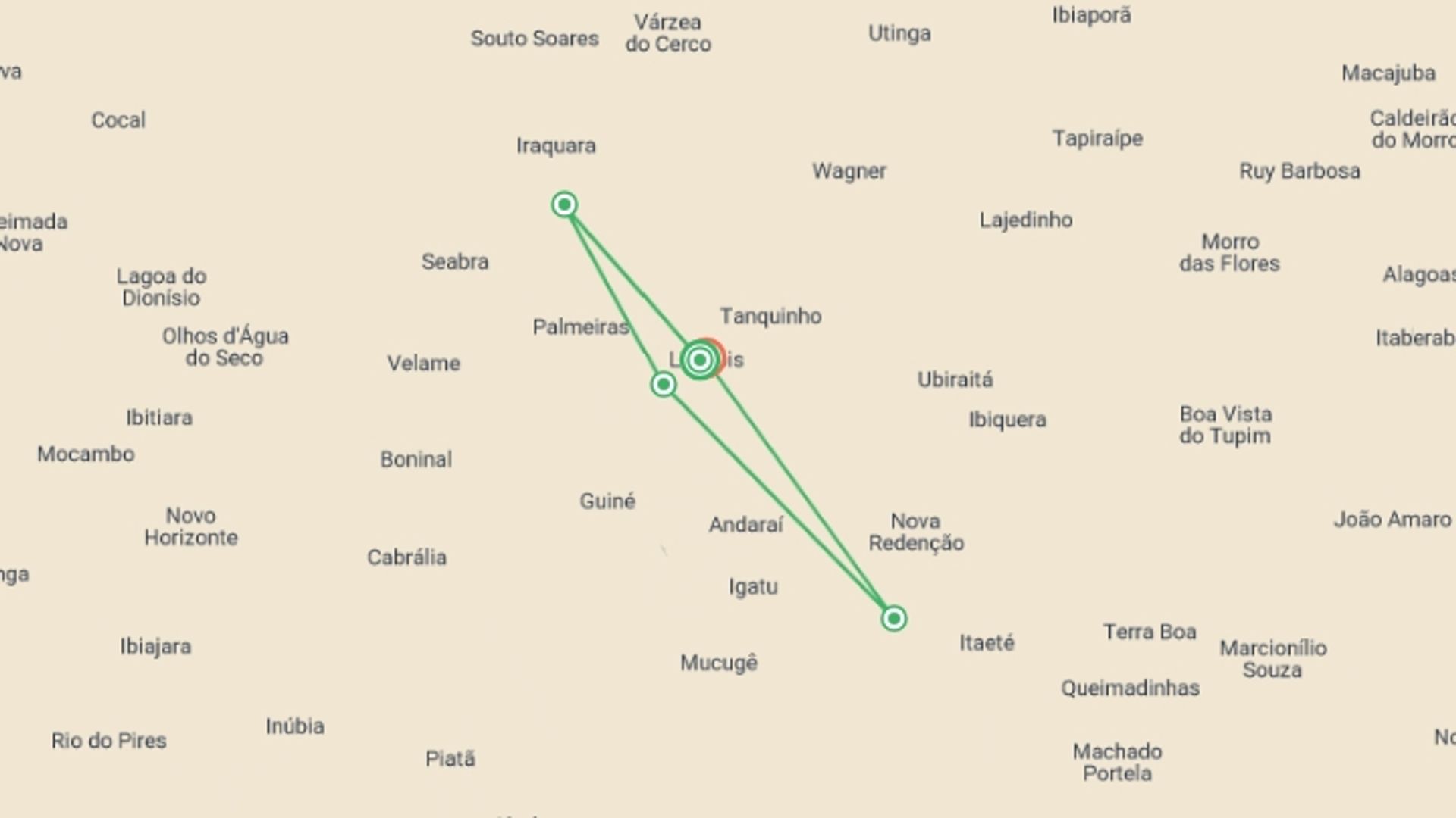 A map showing the tour itinerary for the trip: Chapada Diamantina Experience, starting in Lencois, Brazil and ending in Chapada Da Diamantina National Park, Brazil going through 4 other destinations.