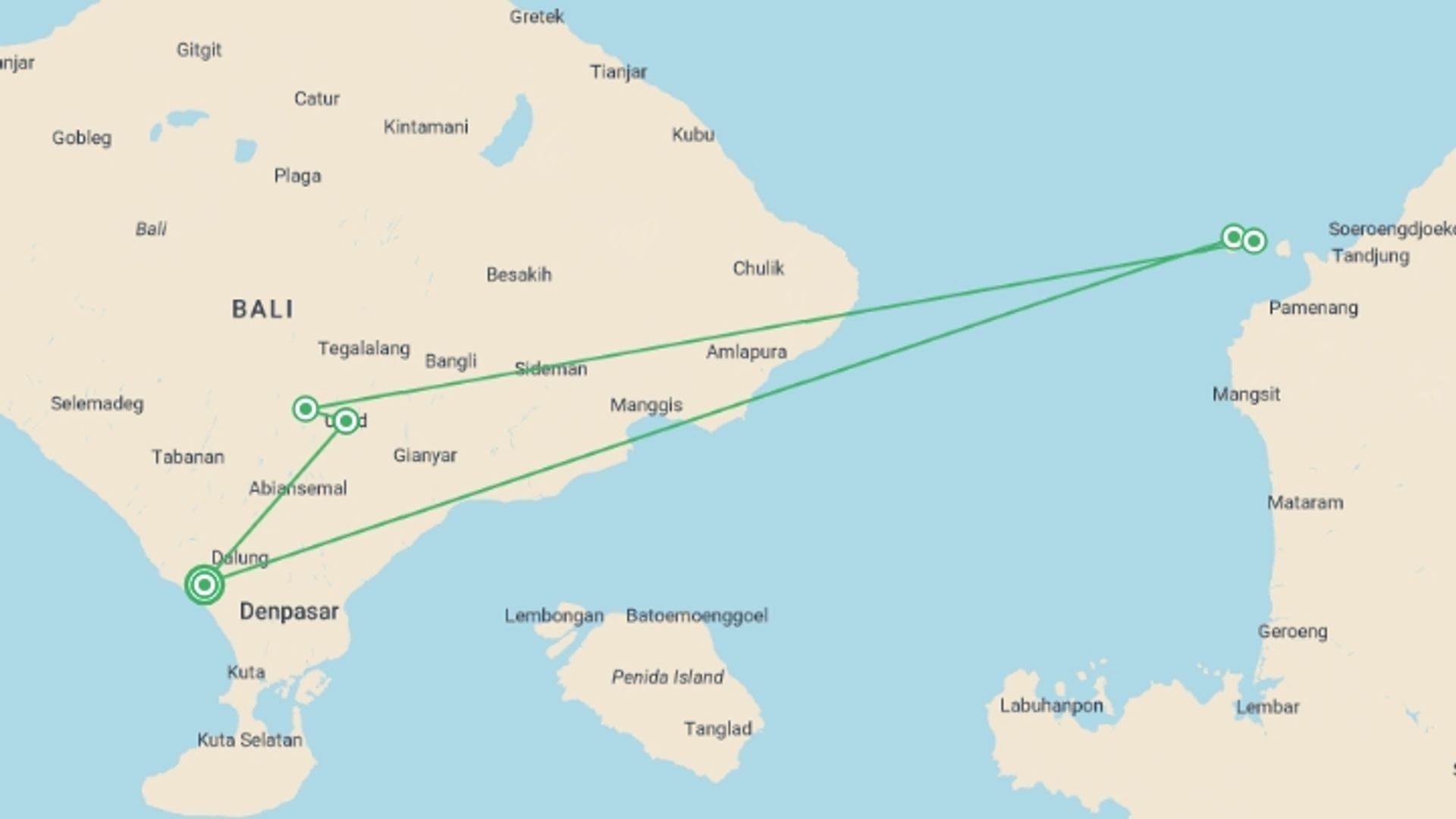 A map showing the tour itinerary for the trip: Delve Deep: Bali & the Gili Islands, starting in Canggu, Indonesia and ending in Canggu, Indonesia going through 4 other destinations.
