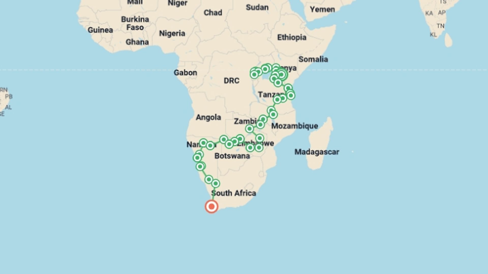 A map showing the tour itinerary for the trip: Africa Encompassed Southbound, starting in Nairobi, Kenya and ending in Cape Town, South Africa going through 38 other destinations.