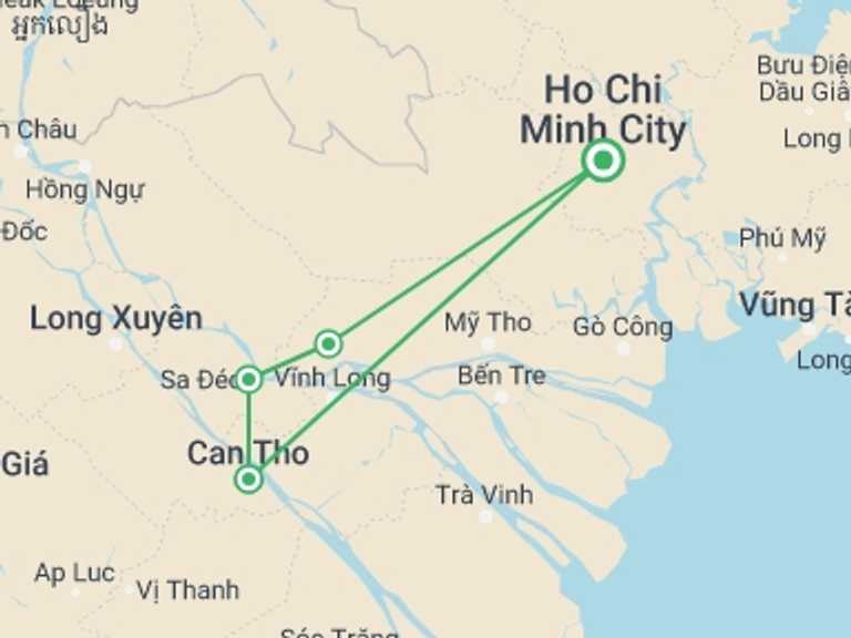 Map of 2-Day South East Asia Tour with 2 destination visits for the trip: Song Xanh Sampan Mekong Cruise 2 Days 1 Night