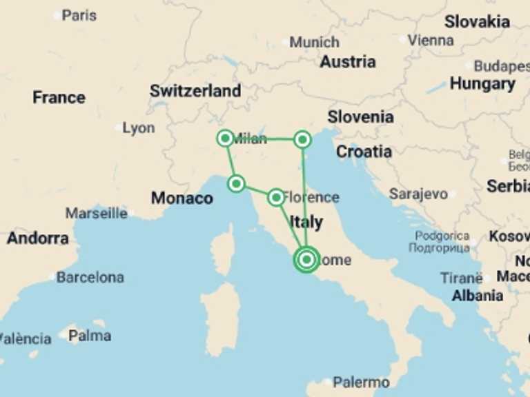 Map of a Sightseeing, attractions, culture and history Tour with 5 destination visits for the trip: Italian Espresso