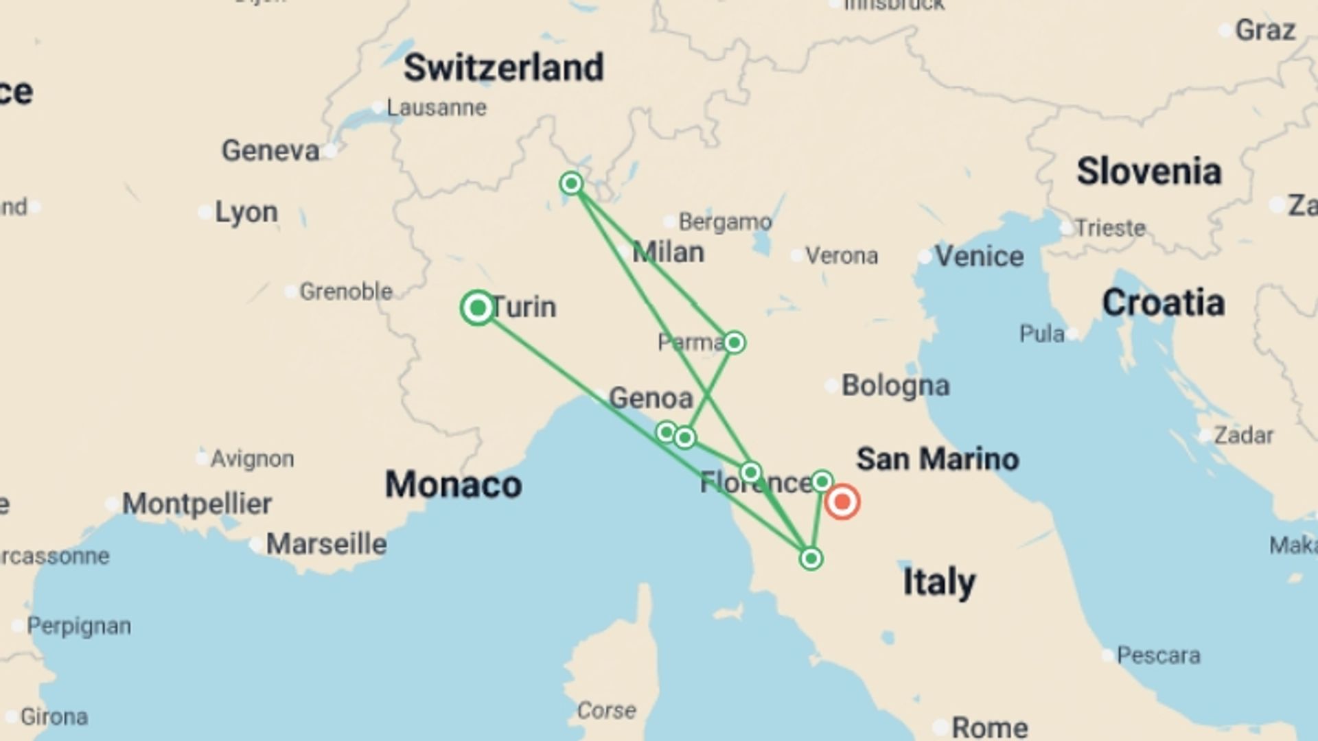 A map showing the tour itinerary for the trip: Tuscany, Lake Maggiore & the Italian Riviera , starting in Turin, Italy and ending in Figline, Italy going through 3 other destinations.